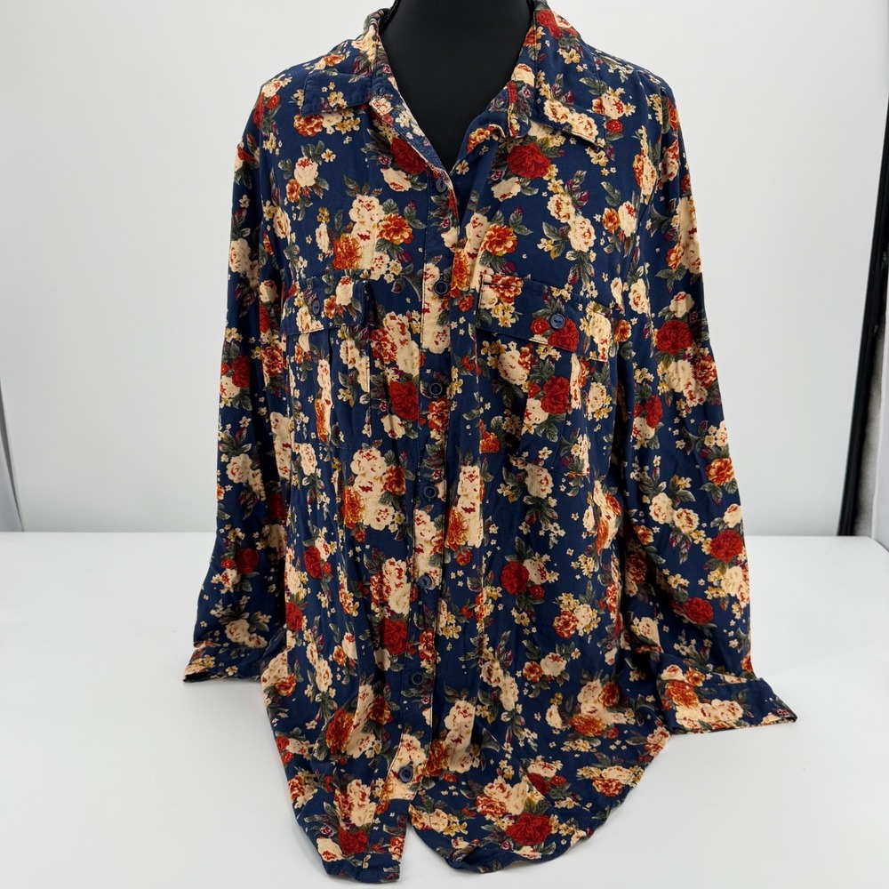 Faded Glory Floral Button Up Shirt XL Boho Blue Rayon